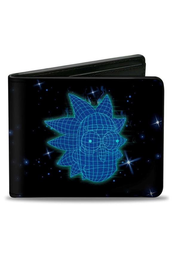 Rick and Morty Wallet, Bifold, Rick and Morty Rick Electric Face Grid Black Blues, Vegan Leather