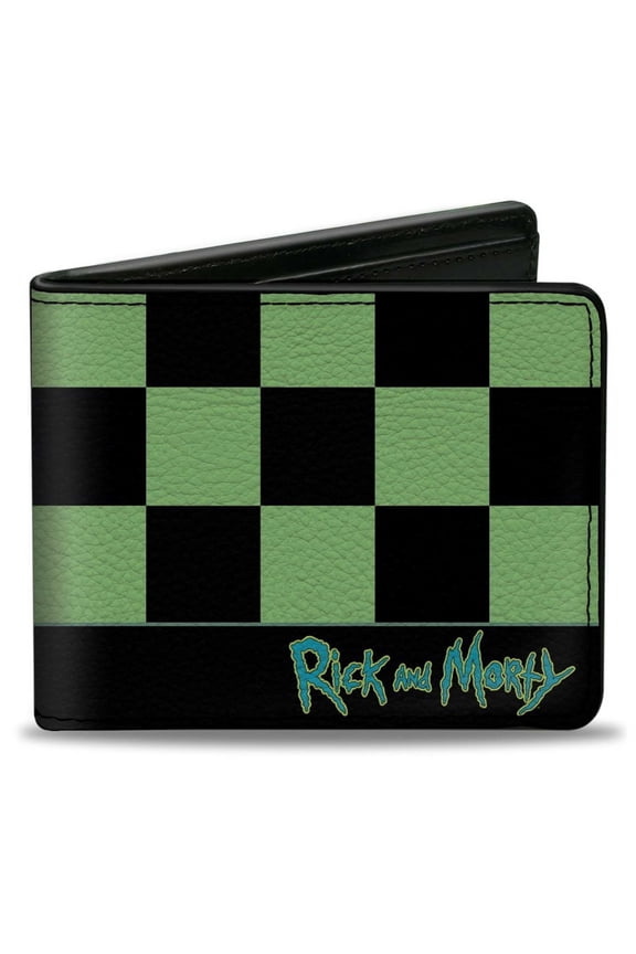 Rick and Morty Wallet, Bifold, Rick and Morty Rick Running Pose Checker Black Green, Vegan Leather
