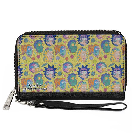 Rick and Morty Wallet, Zip Around, Rick and Morty Smith Family Faces and Cells Collage Yellow, Vegan Leather
