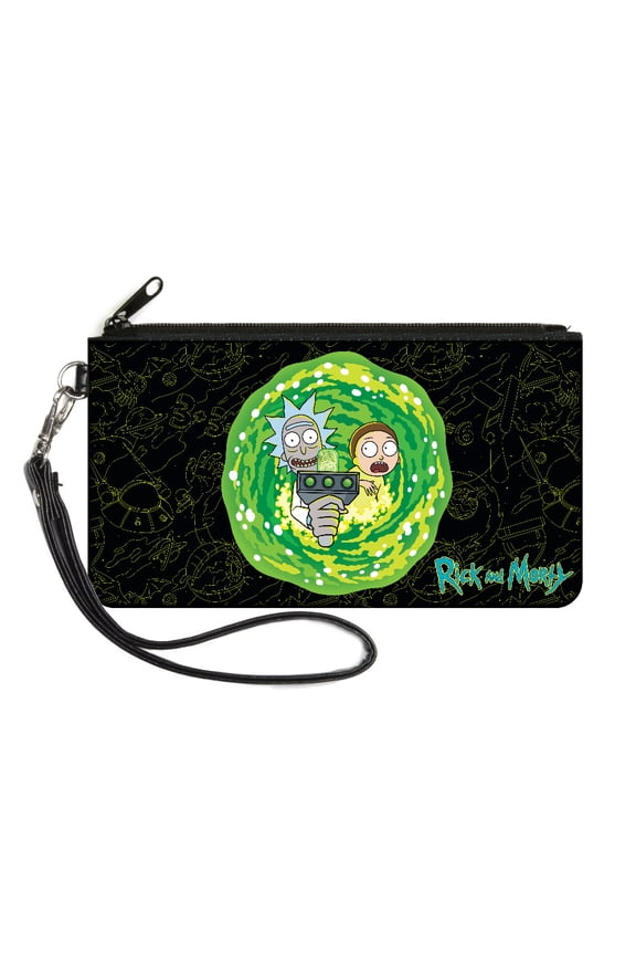 Rick and Morty Wallet, Zip Clutch, Rick and Morty Portal Gun Collage Black Yellows, Canvas