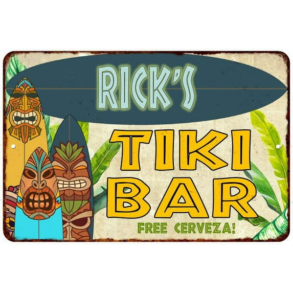 Rick's TIKI BAR Sign Island Beach Ocean Metal Tin Metal Wall Decor 8 x 12 Matte Finish Metal 108120058402