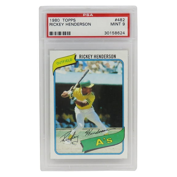 Rickey Henderson (Oakland A's) 1980 Topps Baseball #482 RC Rookie Card - PSA 9 MINT (Old Labe)(L)