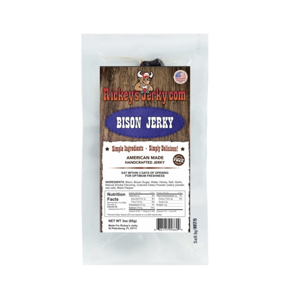 Rickey's Jerky, Bison Jerky - Exotic Jerky, Gluten Free, Made with Simple Ingredients, 3 oz. Pack of 1