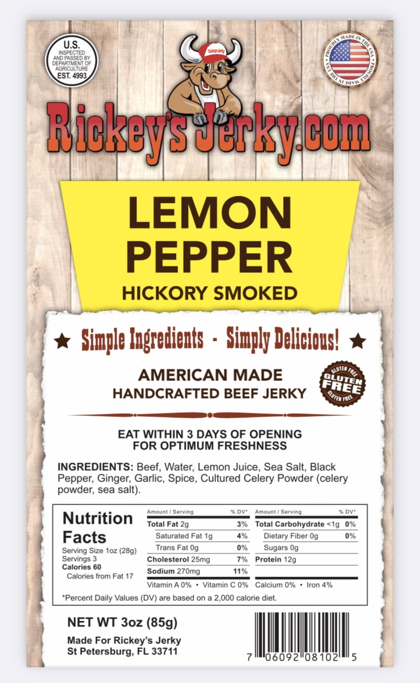 Rickey's Jerky, Lemon Pepper, Beef Jerky No Sugar Added, KetoFriendly, High Protein, Made
