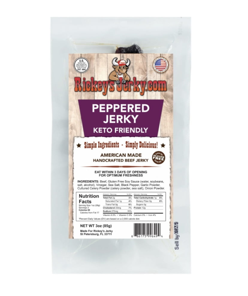 Rickey's Jerky, Peppered Beef Jerky No Sugar Added, KetoFriendly, GlutenFree, High Protein