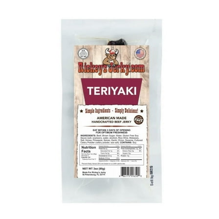 Rickey's Jerky, Teriyaki Jerky, Beef Jerky, Keto-Friendly, High Protein, Made with Simple Ingredients, 3 oz. Pack of 1