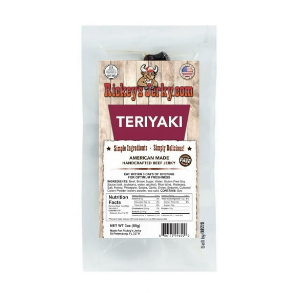Rickey's Jerky, Teriyaki Jerky, Beef Jerky, Keto-Friendly, High Protein, Made with Simple Ingredients, 3 oz. Pack of 1