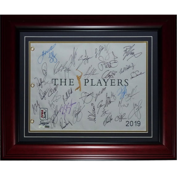 Rickie Fowler, Dustin Johnson, Brooks Koepka, Bryson DeChambeau plus 34 golfers Autographed TPC The Players Championship Deluxe Framed Pin Flag - JSA Letter