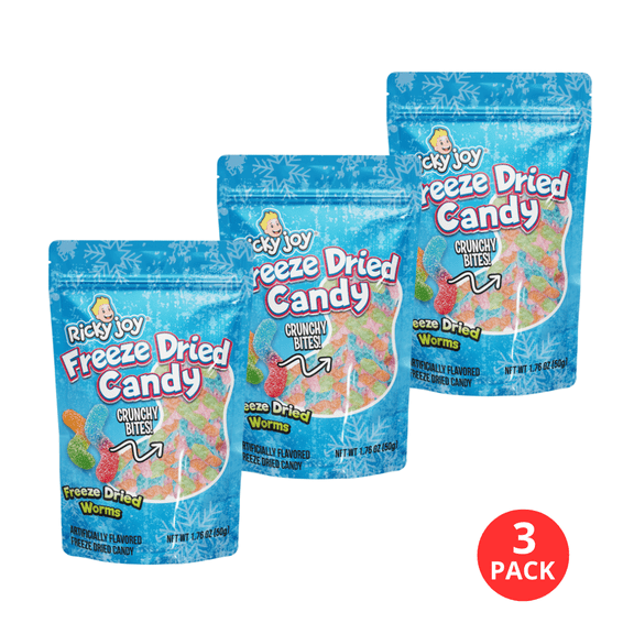 Ricky Joy Freeze Dried Candy Worms 1.76 OZ Each Bag - 3 Pack - Resealable bag - Gift Snack for kids and adults