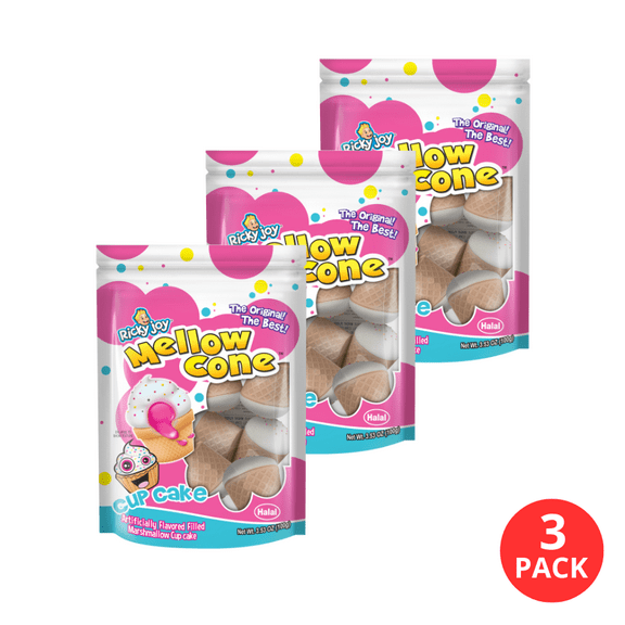 Ricky Joy Mellow Cone Strawberry Jelly Filled Marshmallow Cupcake, 3.53 oz Bag (Pack of 3)