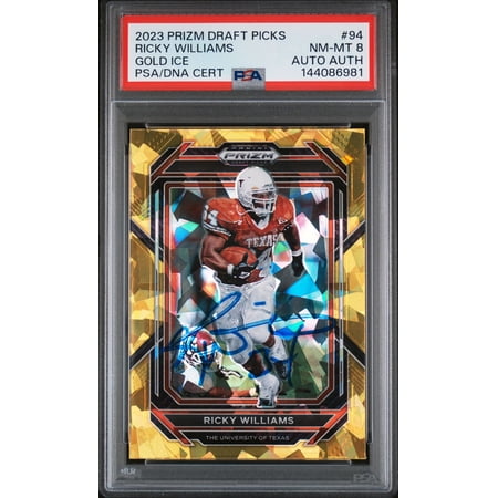 Ricky Williams 2023 Panini Prizm Draft Picks Texas Longhorns Signed Football Card #94 Gold Ice Authentic Auto Graded PSA 8 Cert #144086981