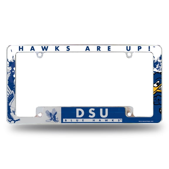 Rico Industries, Inc. Dickinson State Blue Hawks License Plate Frame EZ View All Over Design Heavy Gauge Metal Chrome Tag Cover University