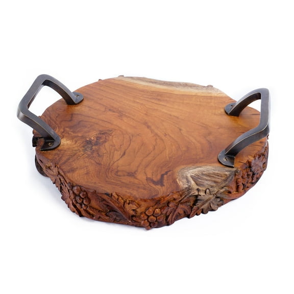 Rico & Plato Monggo Carved Teak Serving Platter with Handles | 11 7/8" L x 11 7/8" W x 1 1/8" H