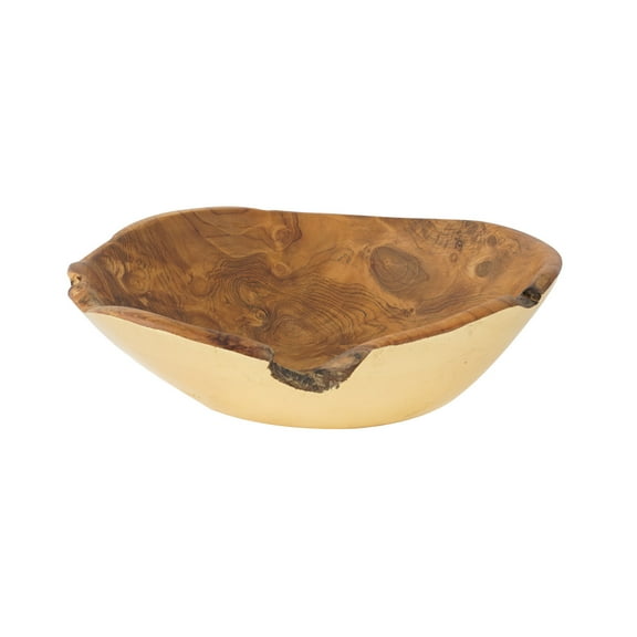 Rico & Plato Umbria Teak Salad Fruit Bowl with Gold Leaf Exterior | 11 4/5" L x 11 4/5" W x 3 1/2" H