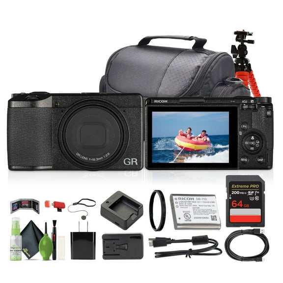 Ricoh GR III Compact Portable Digital Camera (15039) + 64GB Memory Card + Camera Bag + Flexible Tripod + Cleaning Kit + Card Wallet and Reader + Lens Cap