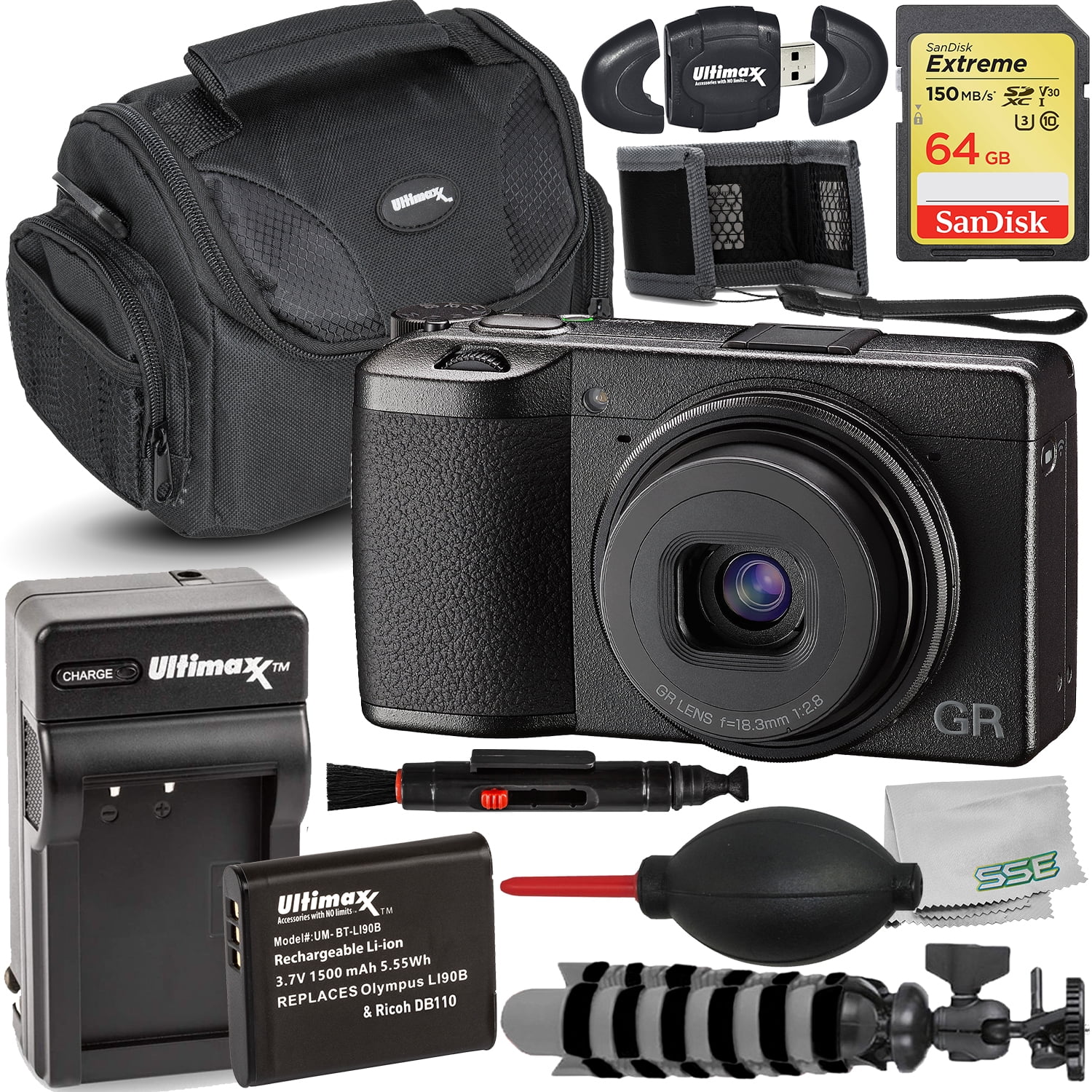 Ricoh GR III Digital Camera with 64GB SDXC, Replacement Battery