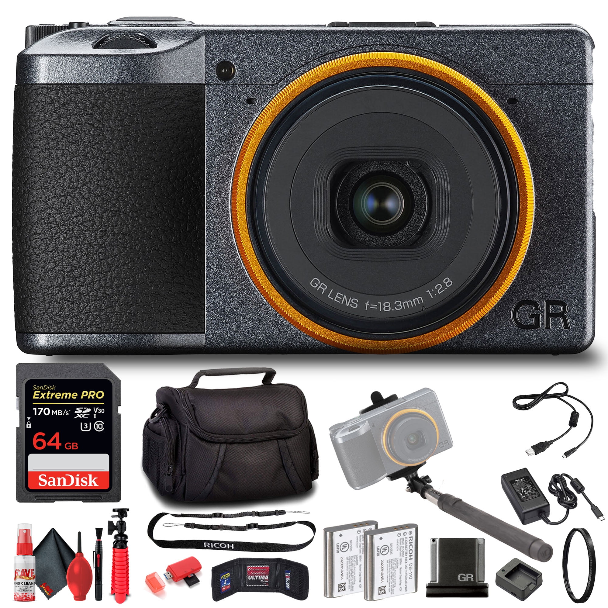  Ricoh GR III Digital Camera with Starter Accessory Bundle –  Includes: SanDisk Extreme 64GB SDXC Memory Card + 6.5” Tabletop/Pistol Grip  Tripod + Cleaning Pen + Dust Blower + Microfiber Cleaning Cloth :  Electronics