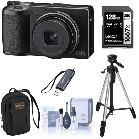 Ricoh GR IIIx Compact Digital Camera, Bundle with 128GB Memory Card with Reader, Camera Bag, Tripod, Includes Cleaning Accessories