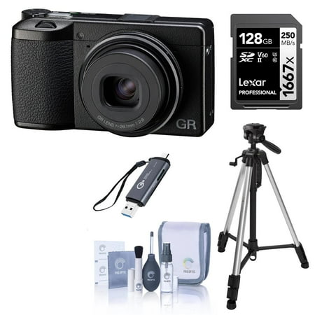 Ricoh GR IIIx HDF Digital Camera, Bundle with 128GB UHS-II SDXC Memory Card, Cleaning Kit, Medium Soft Lens Case, OTG Card Reader, Tripod with Head