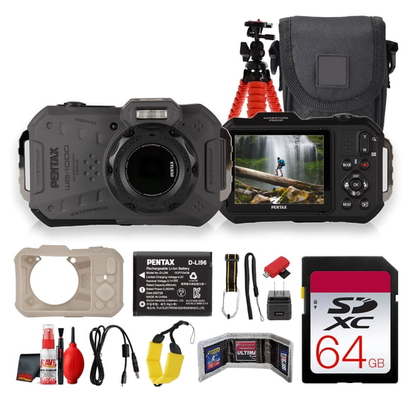 Ricoh PENTAX WG-1000 Digital Camera Gray | Compact Point and Shoot Camera for Travel, Everyday Photos and Outdoor Use (02155) + 64GB Card +More(15pc Bundle)