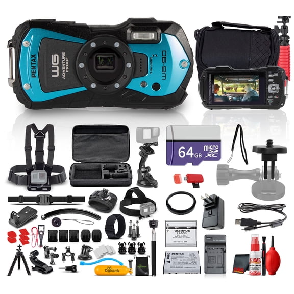 Ricoh Pentax WG-90 Waterproof, Shockproof, Dustproof, Freezeproof, Tough Digital Camera (Blue) + 50-in-1 Action Accessory Kit + 64GB Memory Card + Camera Bag + Flexible Tripod + Cleaning Kit + More