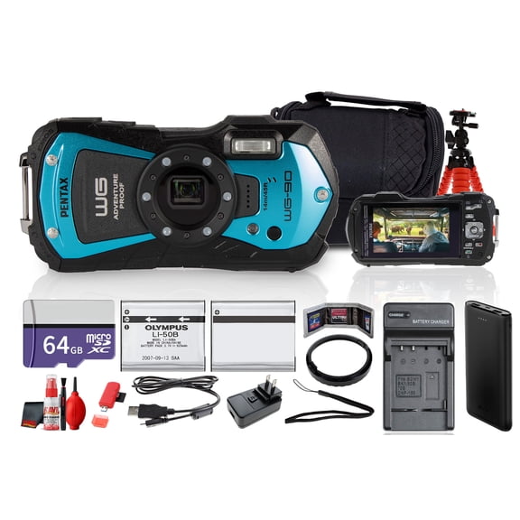 Ricoh Pentax WG-90 Waterproof, Shockproof, Dustproof, Freezeproof, Tough Digital Camera (Blue) + 64GB Card + P-Bank + Camera Bag + Flexible Tripod + Cleaning Kit + External Charger + More
