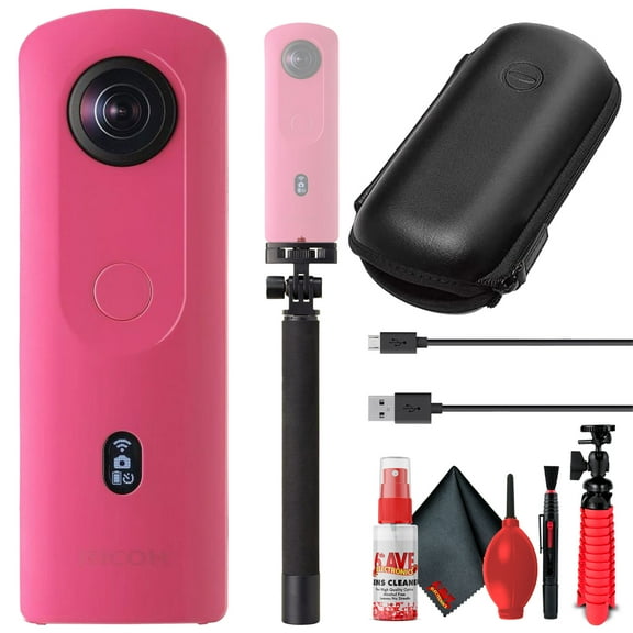Ricoh Theta SC2 4K 360 Spherical Camera (Pink) + Selfie Stick + 6Ave Cleaning Kit