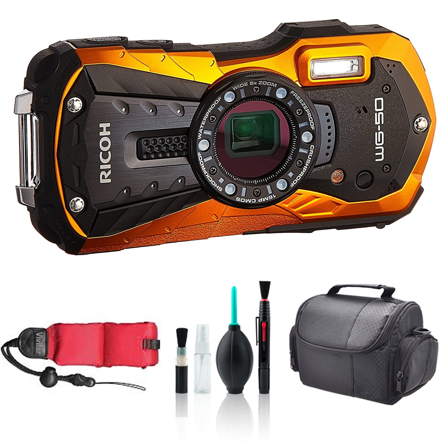 Ricoh WG-50 Waterproof Digital Camera (Orange) - with Carrying Case + More  - International Model