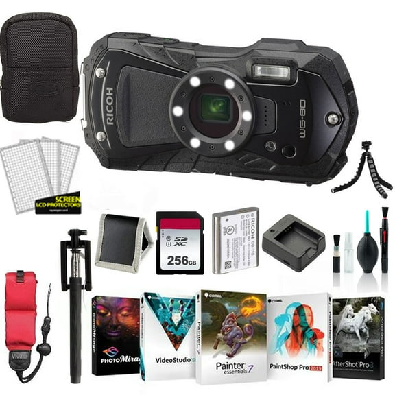 Ricoh WG-80 Waterproof Digital Camera, 2.7" LCD (Black) 03123 - Bundle with 256GB Memory Card, Carrying Case, Tripod, Corel Photo-Video-Art Suite + More (International Model)
