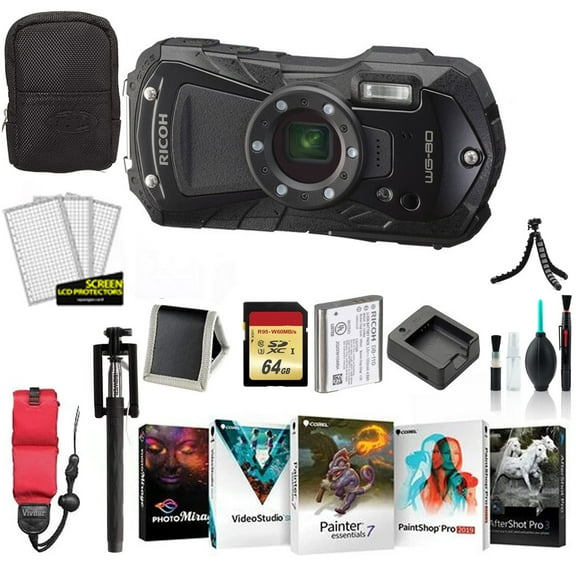 Ricoh WG-80 Waterproof Digital Camera, 2.7" LCD (Black) 03123 - Bundle with 64GB Memory Card, Carrying Case, Tripod, Corel Photo-Video-Art Suite + More (International Model)