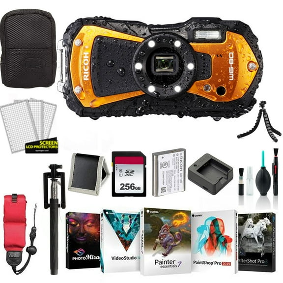 Ricoh WG-80 Waterproof Digital Camera, 2.7" LCD (Orange) 03128- Bundle with 256GB Memory Card, Carrying Case, Tripod, Corel Photo-Video-Art Suite + More (International Model)