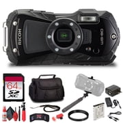 Ricoh WG-80 Waterproof Digital Camera Black Bundle 64GB Extreme Pro SD Card, Small Case, Selfie Stick, Memory Card Wallet, Reader & 6Ave Cleaning Kit