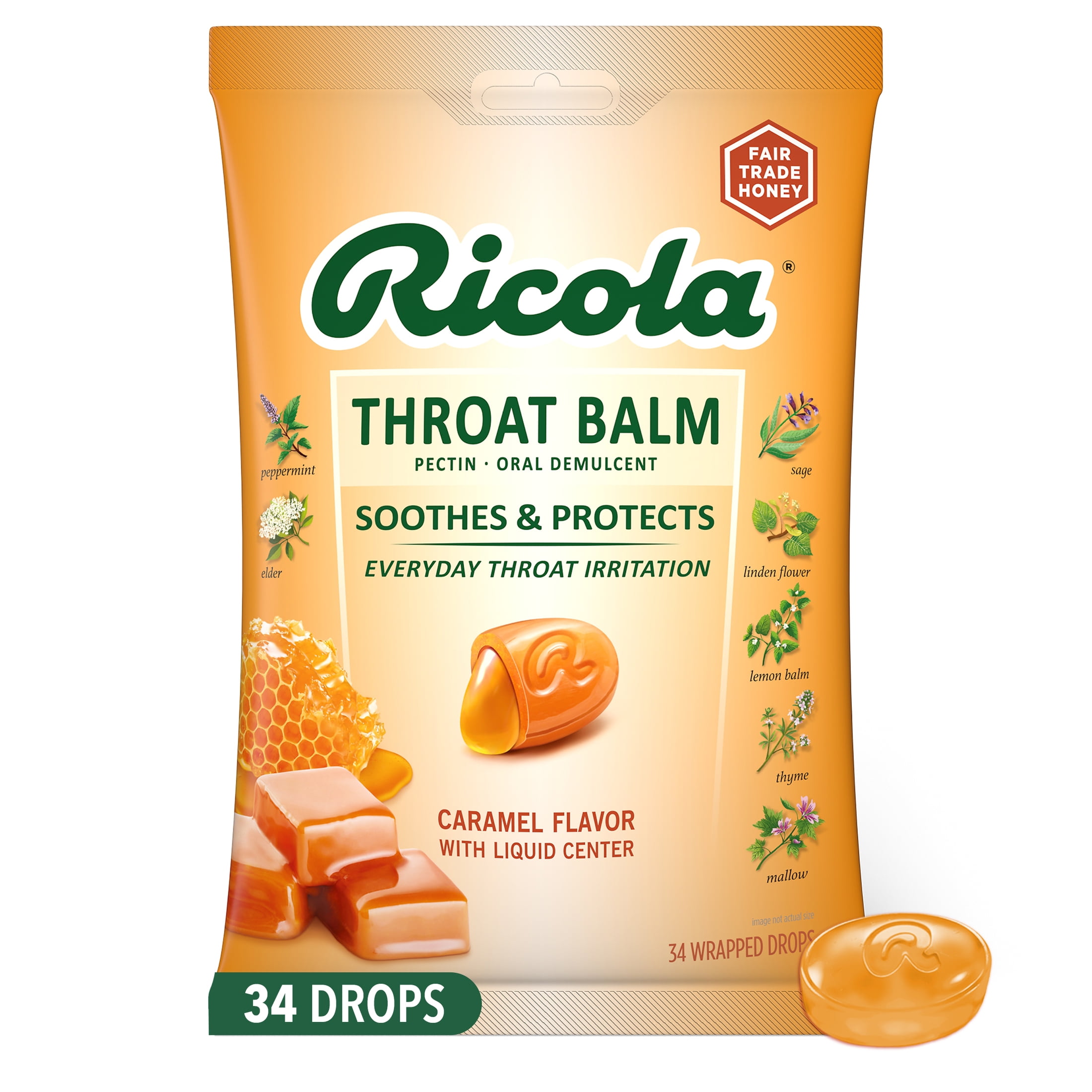 Ricola Caramel Throat Balm Throat Drops, Soothing Throat Relief, 34 ct