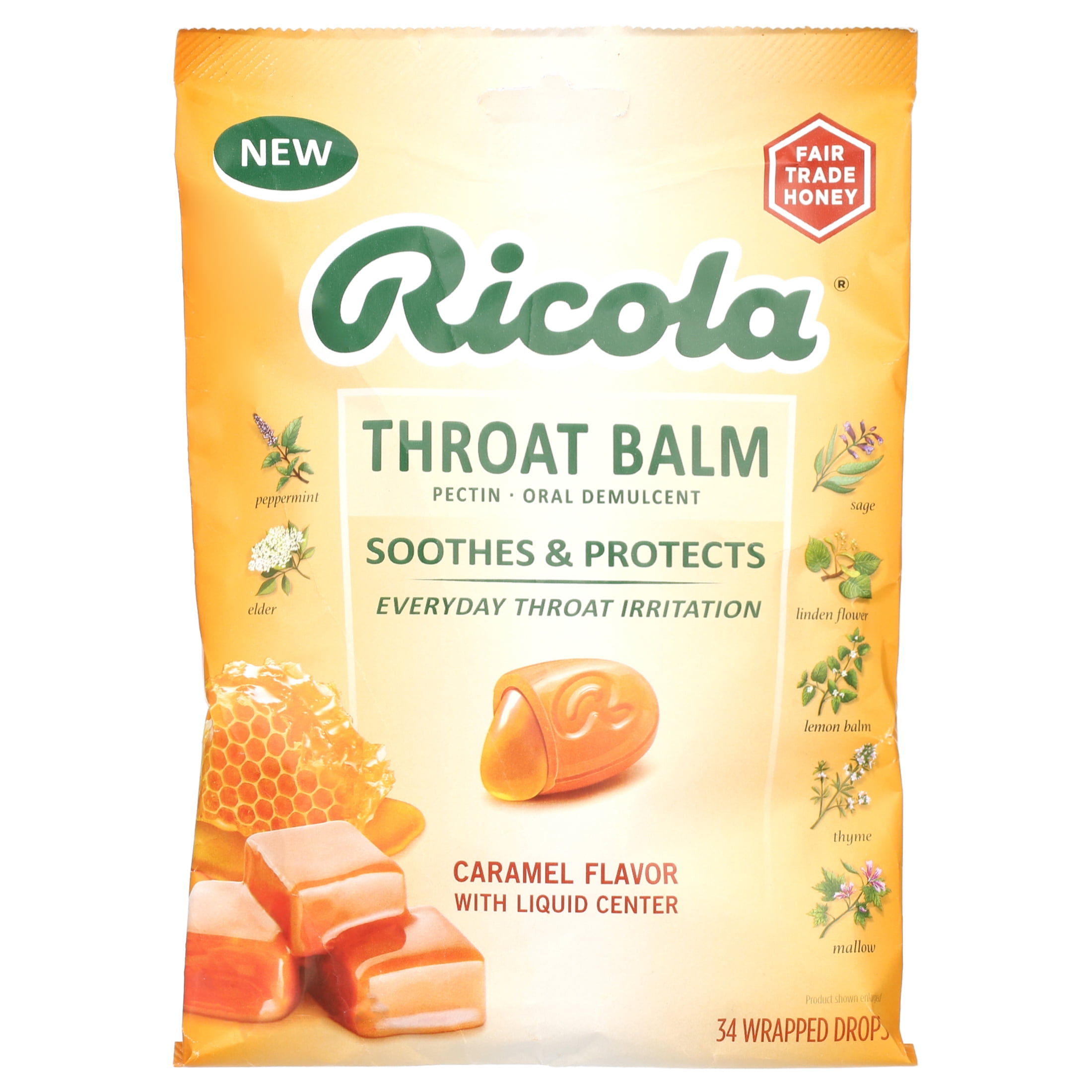 Ricola Caramel Throat Balm Cough Drops, 34 Count