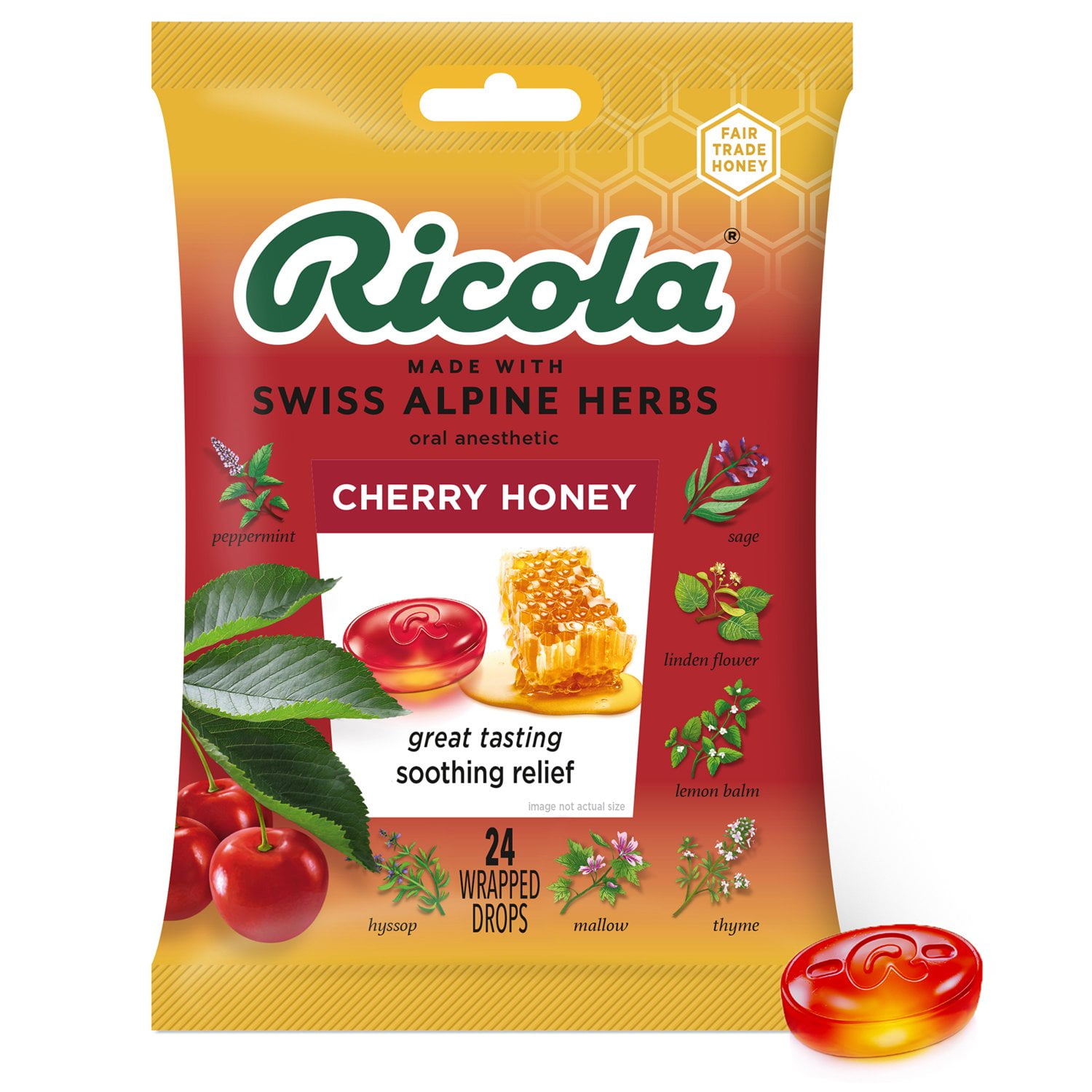 Ricola Cough Drops, Soothing Relief for Dry, Sore Throat, Cherry Honey
