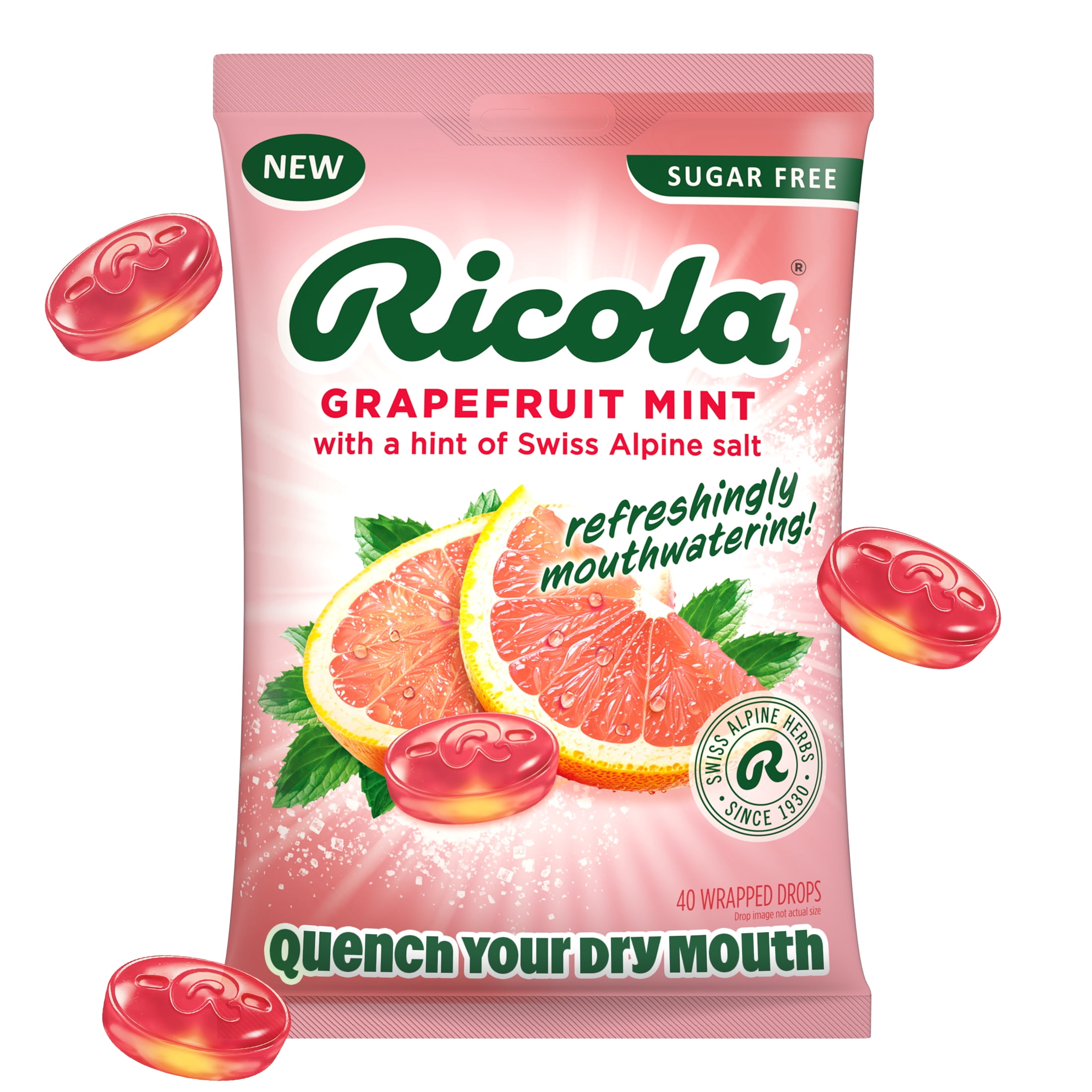 Ricola Sugar Free Grapefruit Mint Mouthwatering Drops to Quench Dry Mouth, 40 Count