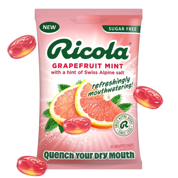 Ricola Sugar Free Grapefruit Mint Mouthwatering Drops to Quench Dry Mouth, 40 Count