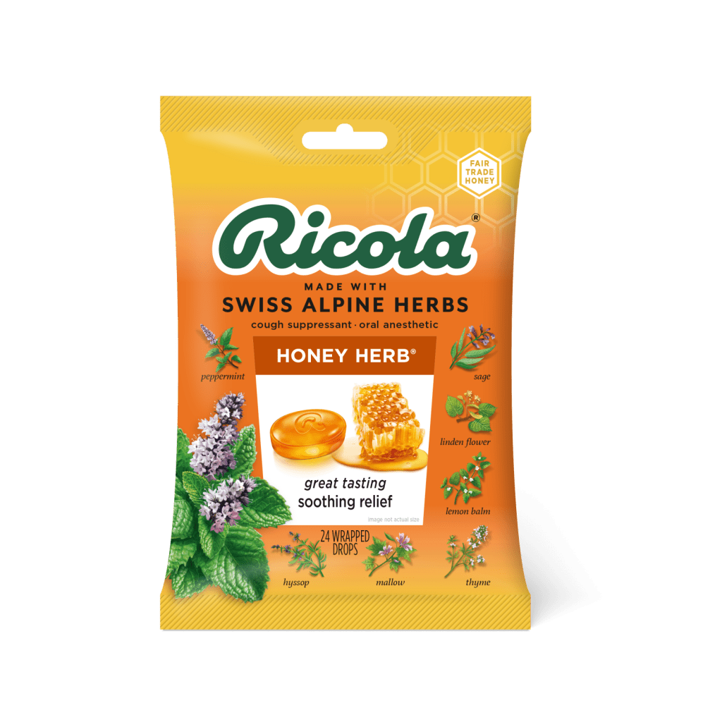 Ricola Honey Herb Cough Drops, Soothing Relief for Dry, Sore Throat, Cough Suppressant & Oral Anesthetic, 24 Count