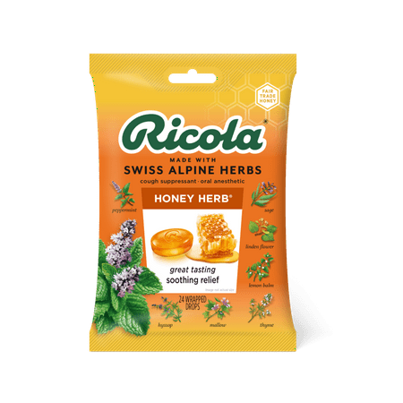Ricola Honey Herb Cough Drops, Soothing Relief for Dry, Sore Throat, Cough Suppressant & Oral Anesthetic, 24 Count