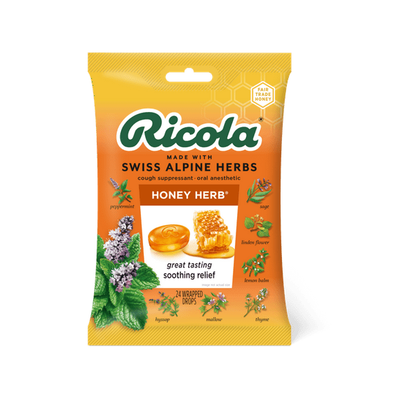 Ricola Honey Herb Cough Drops, Soothing Relief for Dry, Sore Throat, Cough Suppressant & Oral Anesthetic, 24 Count