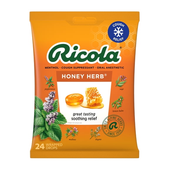Ricola Honey Herb Cough Drops, Soothing Relief for Dry, Sore Throat, 24 Count