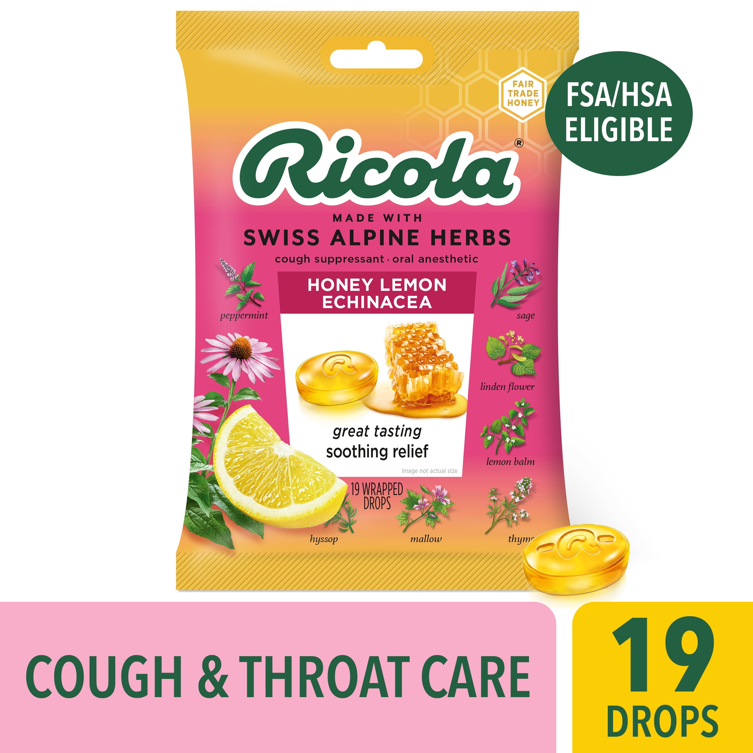Ricola Honey Lemon with Echinacea Cough Drops - Throat Relief & Cough Suppressant, 19 Count
