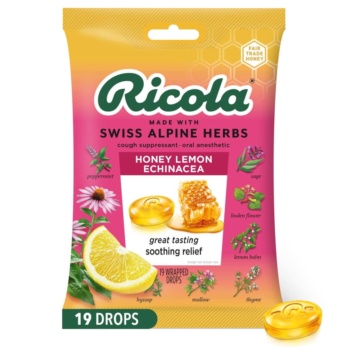 Ricola Honey Lemon with Echinacea Cough Drops  -  Throat Relief & Cough Suppressant, 19 Count