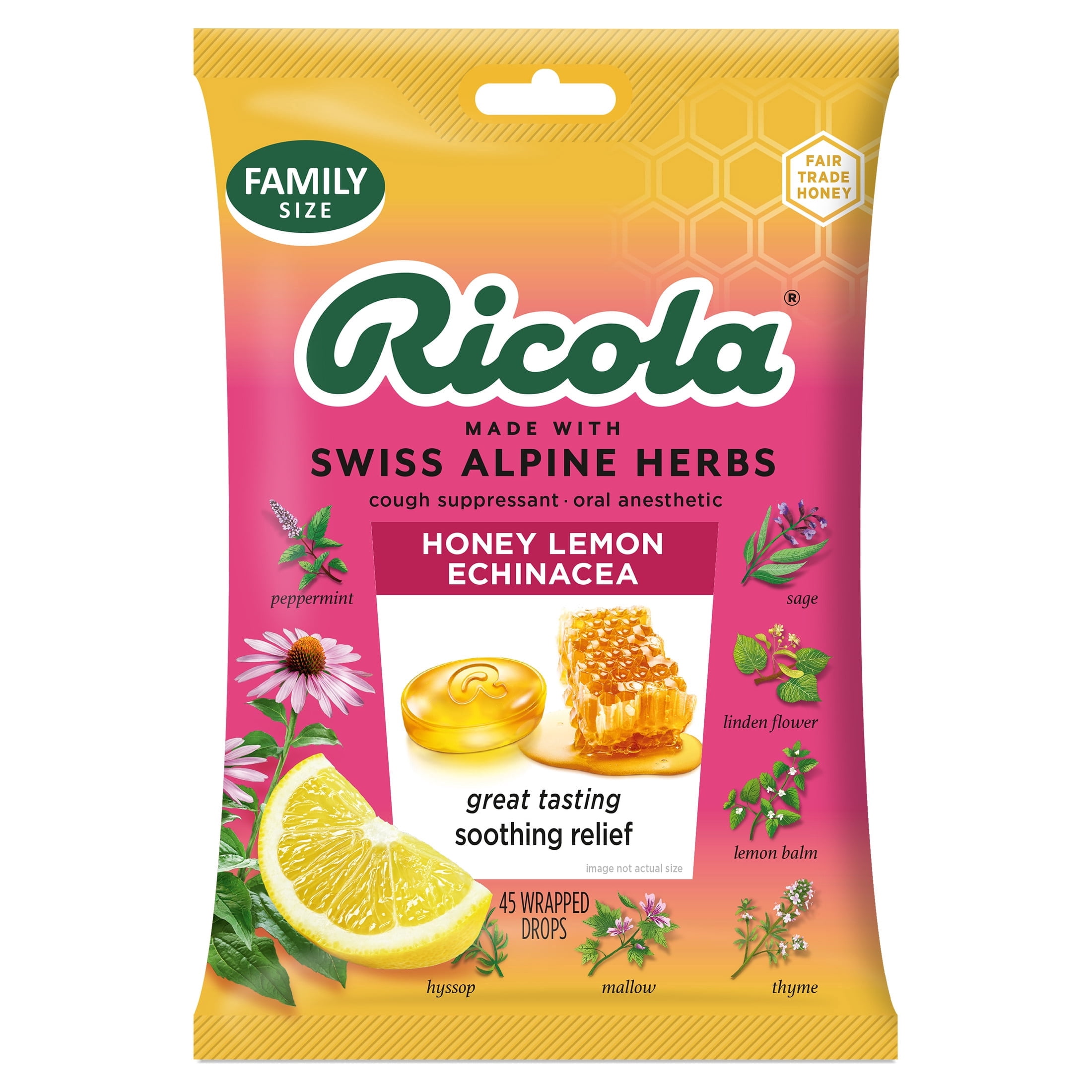 Ricola Honey Lemon with Echinacea Cough Drops - Throat Relief & Cough Suppressant, 45 Count