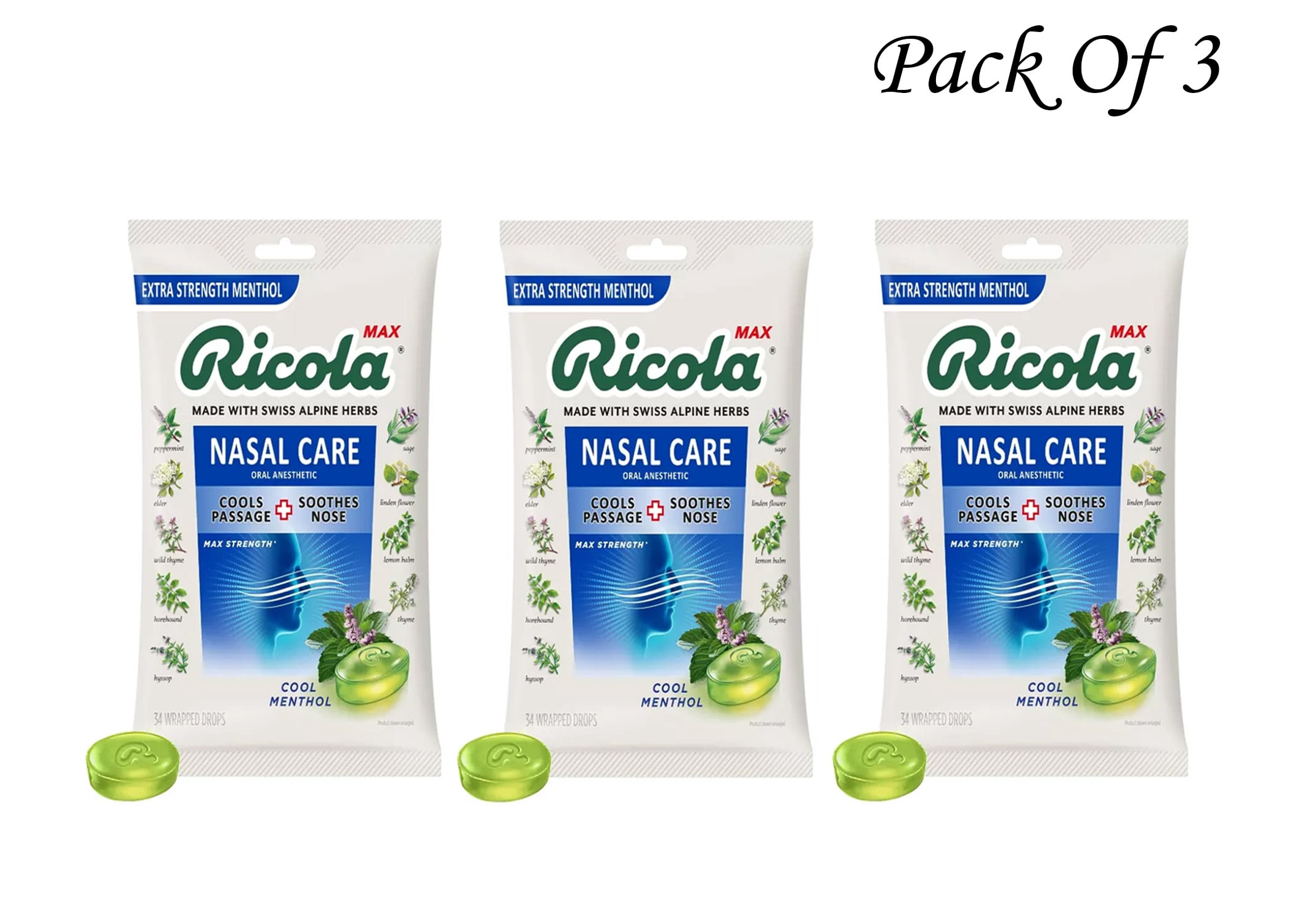 Ricola Max Cool Menthol Nasal Care Large Bag | Cough Suppressant Drops 34 Each (Pack Of 3)