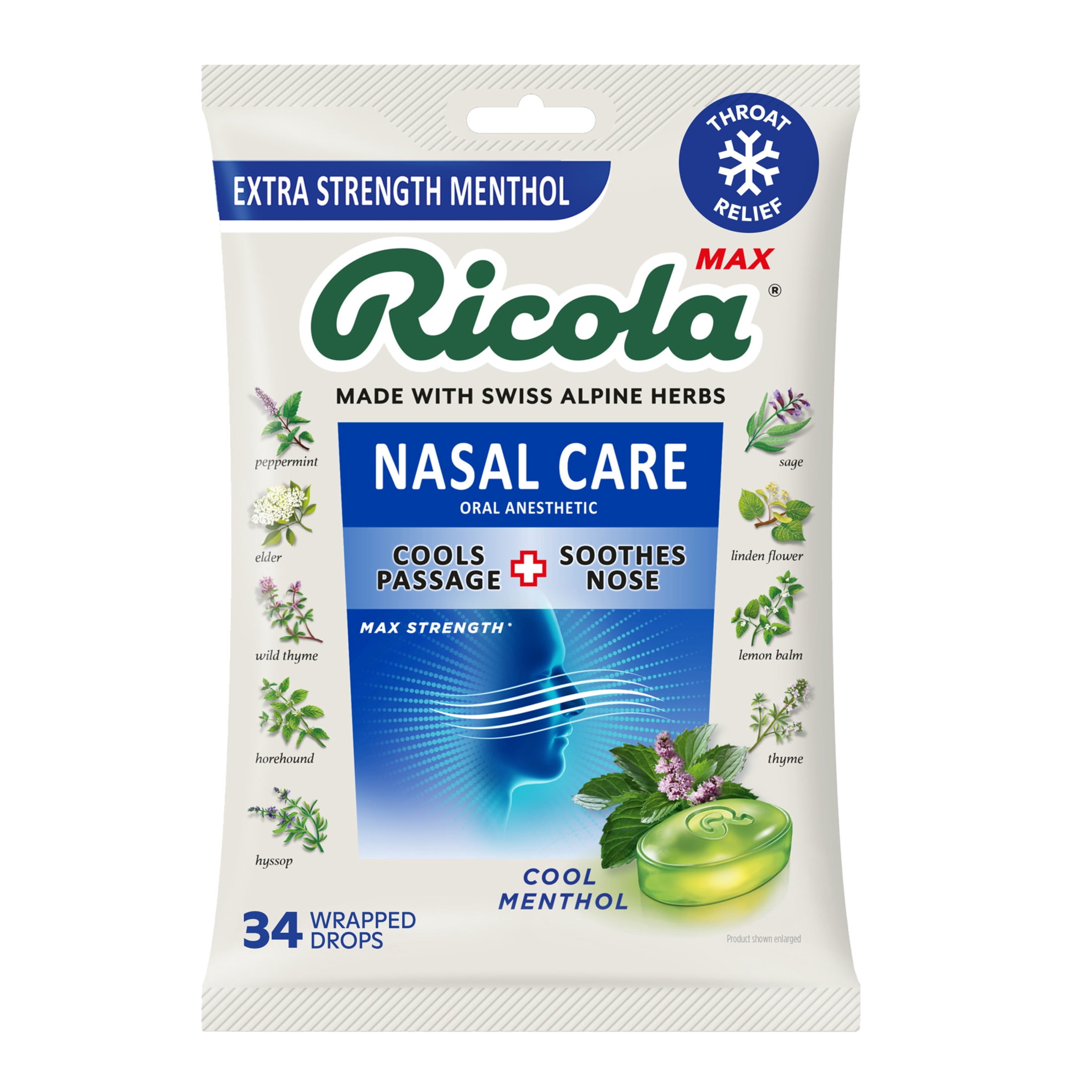Ricola Max Nasal Care Cool Menthol Throat Drops Extra Strength, 34 Count
