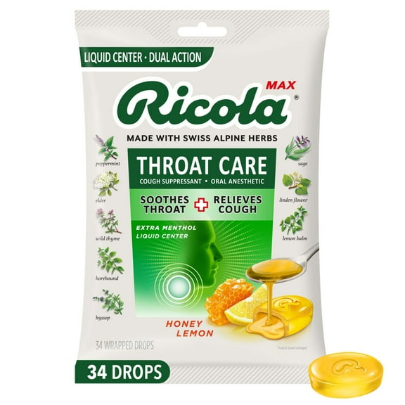 Ricola Max Throat Care Honey Lemon Cough Drops, Cough Suppressant - 34 Count