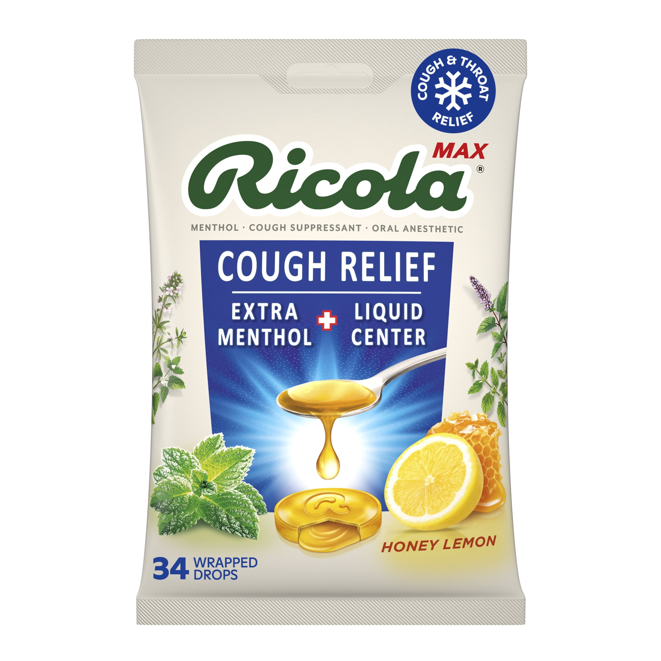 Ricola Max Throat Care Honey Lemon Cough Drops for Sore Throat + Cough Relief, 34 Count