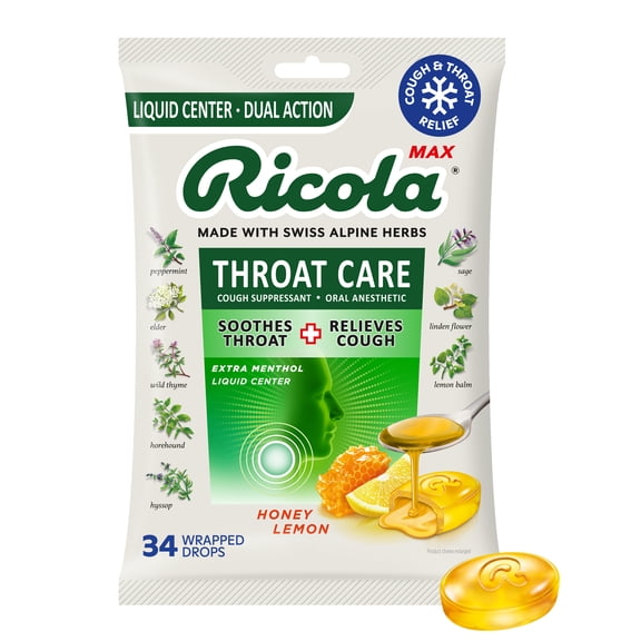 Ricola Max Throat Care Honey Lemon Cough Drops for Sore Throat + Cough Relief, Value Pack, 34 Count