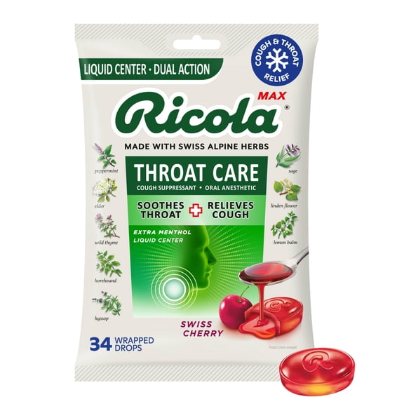 Ricola Max Throat Care Swiss Cherry Cough Drops for Sore Throat + Cough Relief, Value Pack, 34 Count